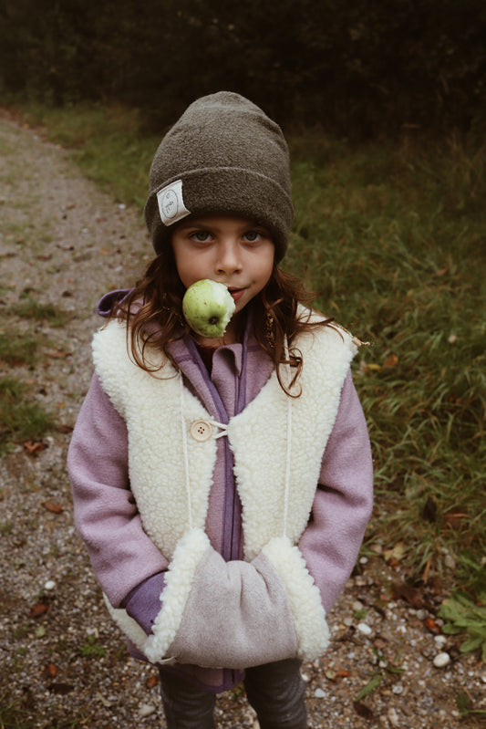 Muff aus Lammfell/Bio-Baumwoll-Fleece, Handwärmer zum Umhängen für Kinder